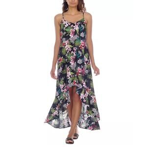 Raviya Hawaiian Midi Dress Women's Size 1X Black Pink Ruffled High Low Coverup